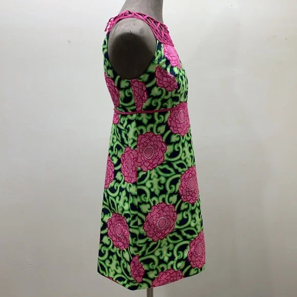Lilly Pulitzer pink green lattice, floral sleeveless silk dress size small - Picture 4 of 10